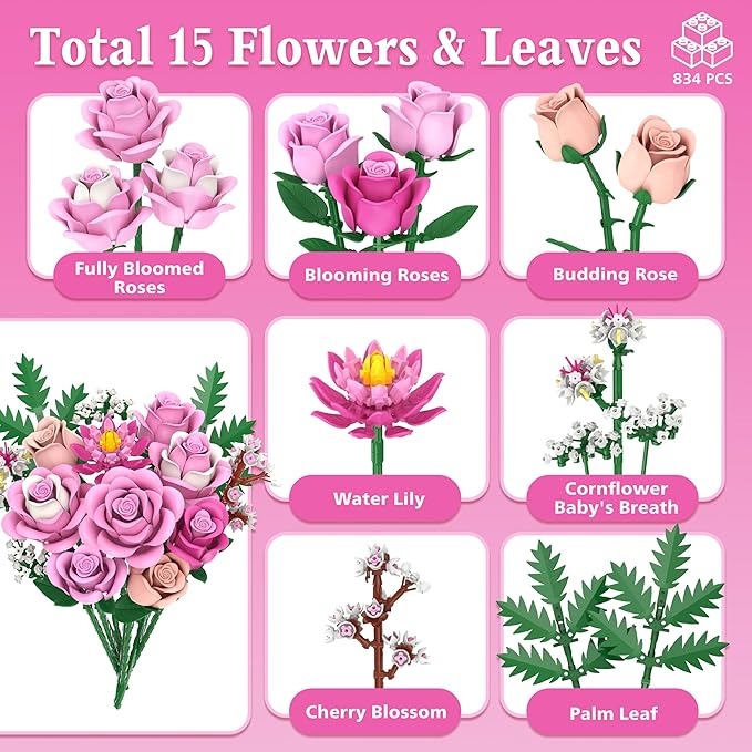 Pink Rose Bouquet Flowers Building Set 834Pcs Roses Artificial Flowers Botanical Collection Compatible with Lego Flowers for Adults Valentines Day Gifts for Her Women Wife Girlfriend Mom