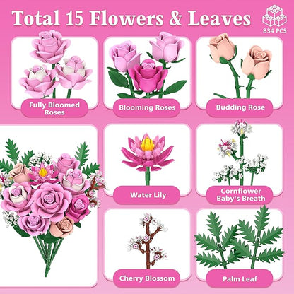 Pink Rose Bouquet Flowers Building Set 834Pcs Roses Artificial Flowers Botanical Collection Compatible with Lego Flowers for Adults Valentines Day Gifts for Her Women Wife Girlfriend Mom