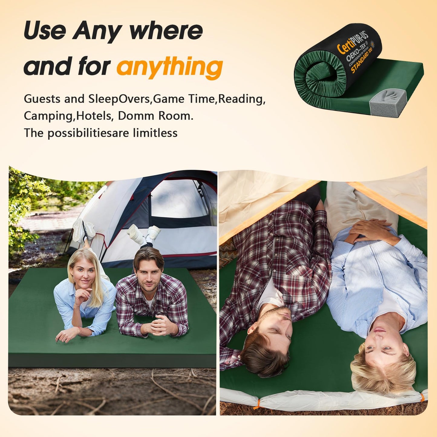 CYMULA Camping Cot Pad 2 Inch Memory Foam, Camping Pad for Folding Cot and Foldable Cot, Portable Roll Up Camp Gear for Car Camping Travel Tent, Non-Slip Waterproof Bottom, Removable Cover, Pad Only
