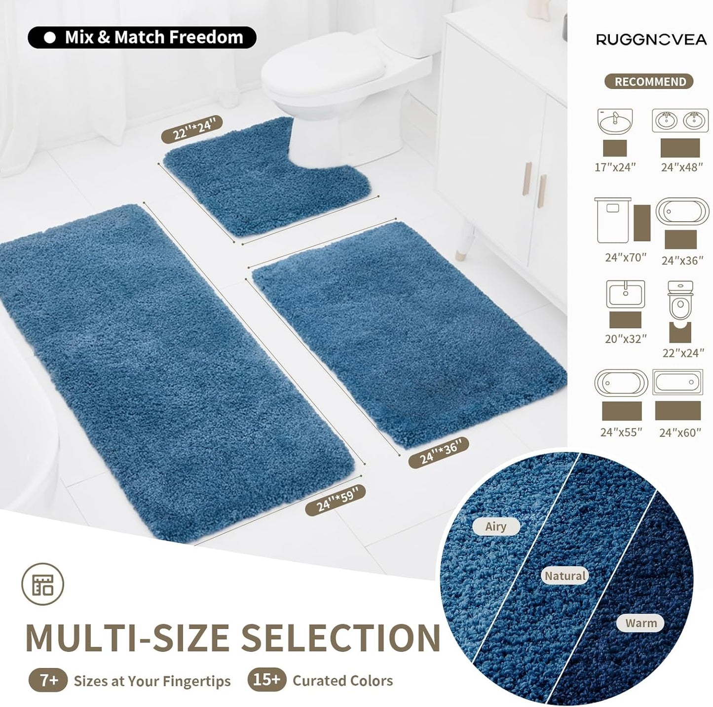 Skiennix Non-Slip Bathroom Rug - Ultra Thick Soft Microfiber, Absorbent & Washable | 24x17, Blue