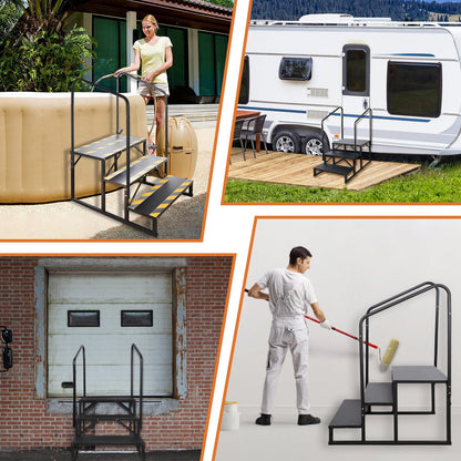 Kinchoix 3 Step RV Stairs, Hot Tub Steps, Outdoor Spa Step Ladder with Double Handrail,Portable Economy 5th Wheel Stair for Travel Trailer, Motor Home, Camper and Porch with Non-Skid Tapes