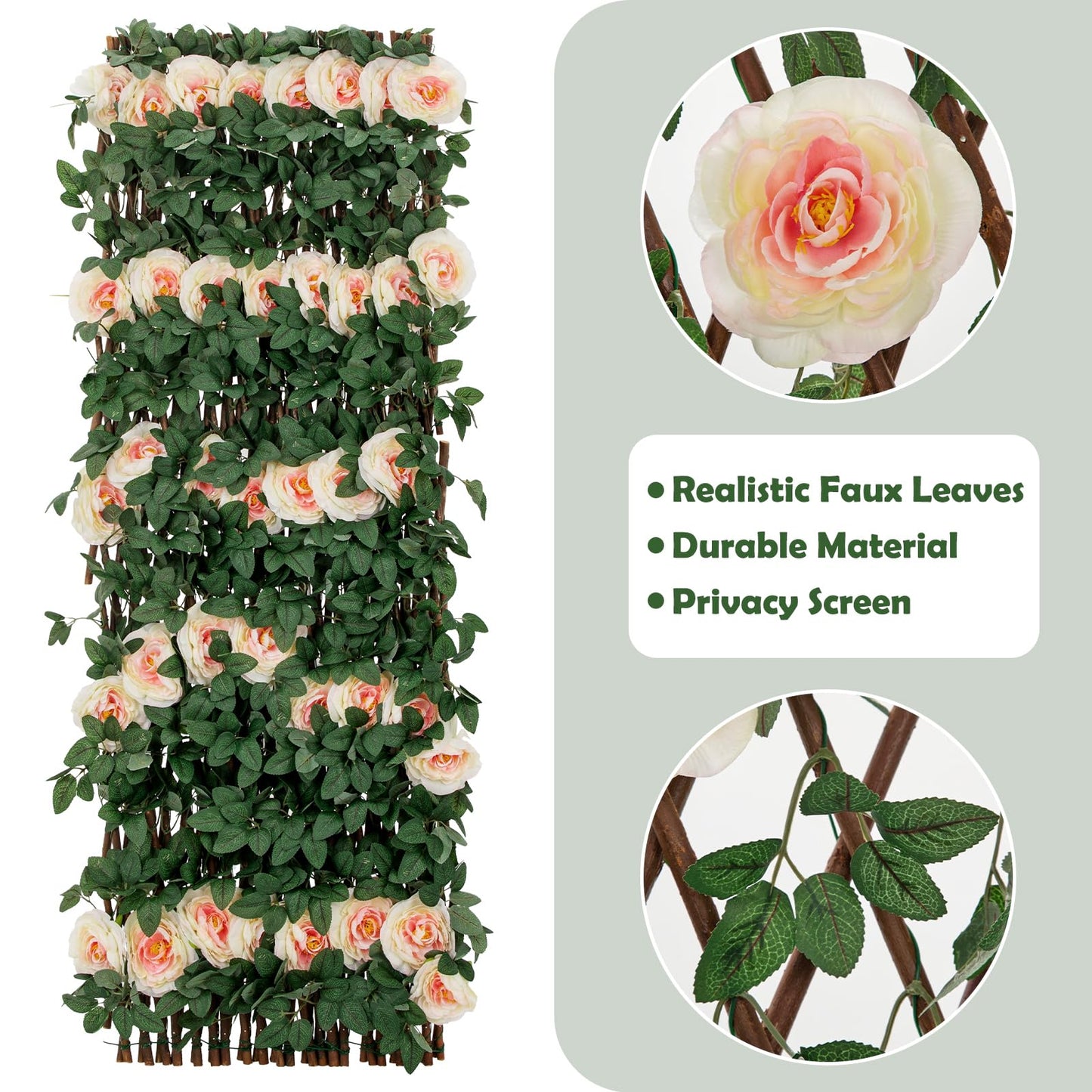 Nature Crafted Expandable Fence Privacy Screen with Artificial Flower, Greenery Expandable Stretchable Covers Panel Privacy Fence for Balcony Patio Garden, Single Sided Leaves (Pink Rose, 4 Pack)