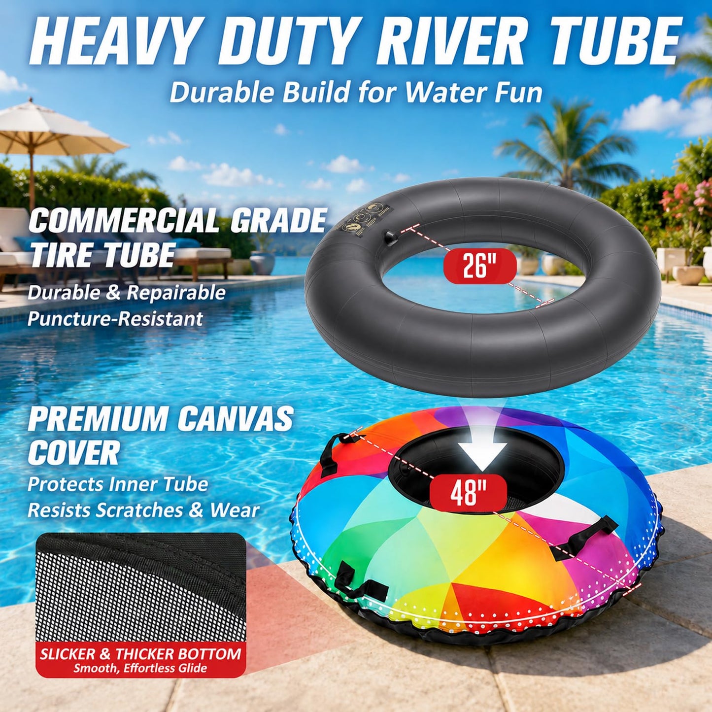 ZEALFEEL River Tube, 48'' Heavy Duty Rubber River Float Tube with Commercial Grade Inner Tube, Premium Canvas Cover, Removable Cup Holder & Tow Strap, Inflatable Tube for Adults Lake Pool Floating