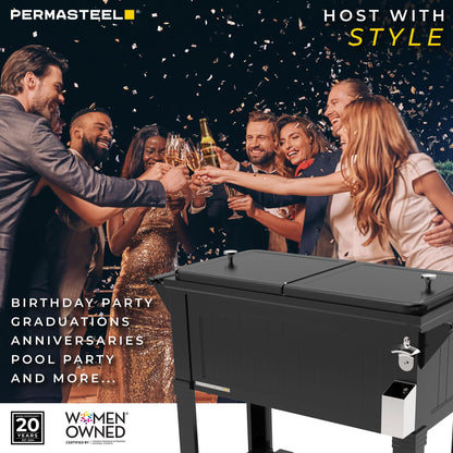 Permasteel Party Cooler with Divider, Spacious 80-Qt Capacity, Chills 36hrs, Serving Tray, Rolling Ice Chest for Indoor and Outdoor Entertainment, Matte Black