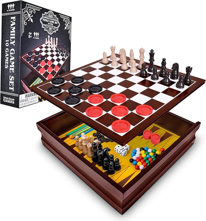 Elbow Room Games Family Game Set 10 Classic Games with Wooden Storage Box and Built-in Game Boards Endless Fun for Game Nights Gatherings &amp Travel 2+ Players