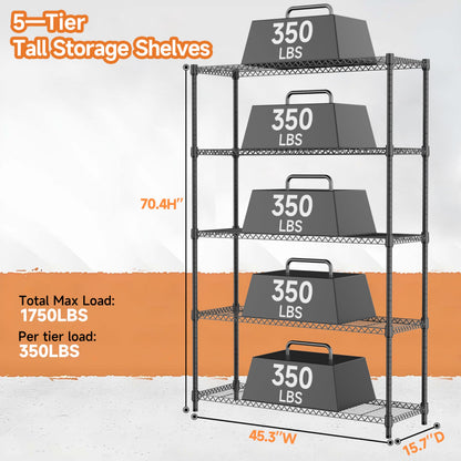 M MZG 5 Tiers Shelf Metal Storage Shelves Standing 1750 LBs Household Shelf Organizer for Kitchen Pantry Closet Garage Basement Utility Room, Black15.7 D x 45.3" W x 70.4" H