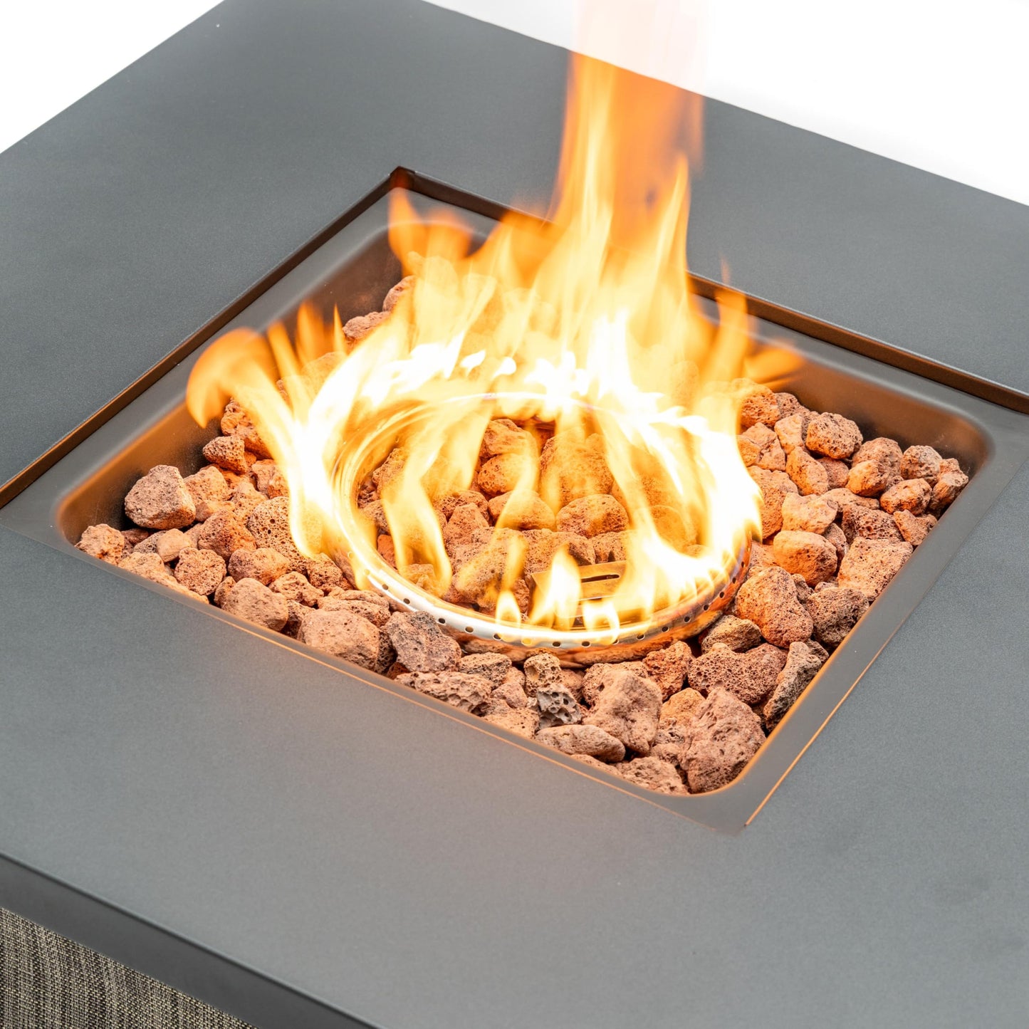 28" Propane Gas Fire Pit Table, 50000 BTU Square Outdoor Fire Pit with Steel Tabletop & Textilene Base, Patio Fire Table with Lava Rocks & Rain Cover for Backyard Deck Garden, Black