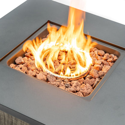 28" Propane Gas Fire Pit Table, 50000 BTU Square Outdoor Fire Pit with Steel Tabletop & Textilene Base, Patio Fire Table with Lava Rocks & Rain Cover for Backyard Deck Garden, Black