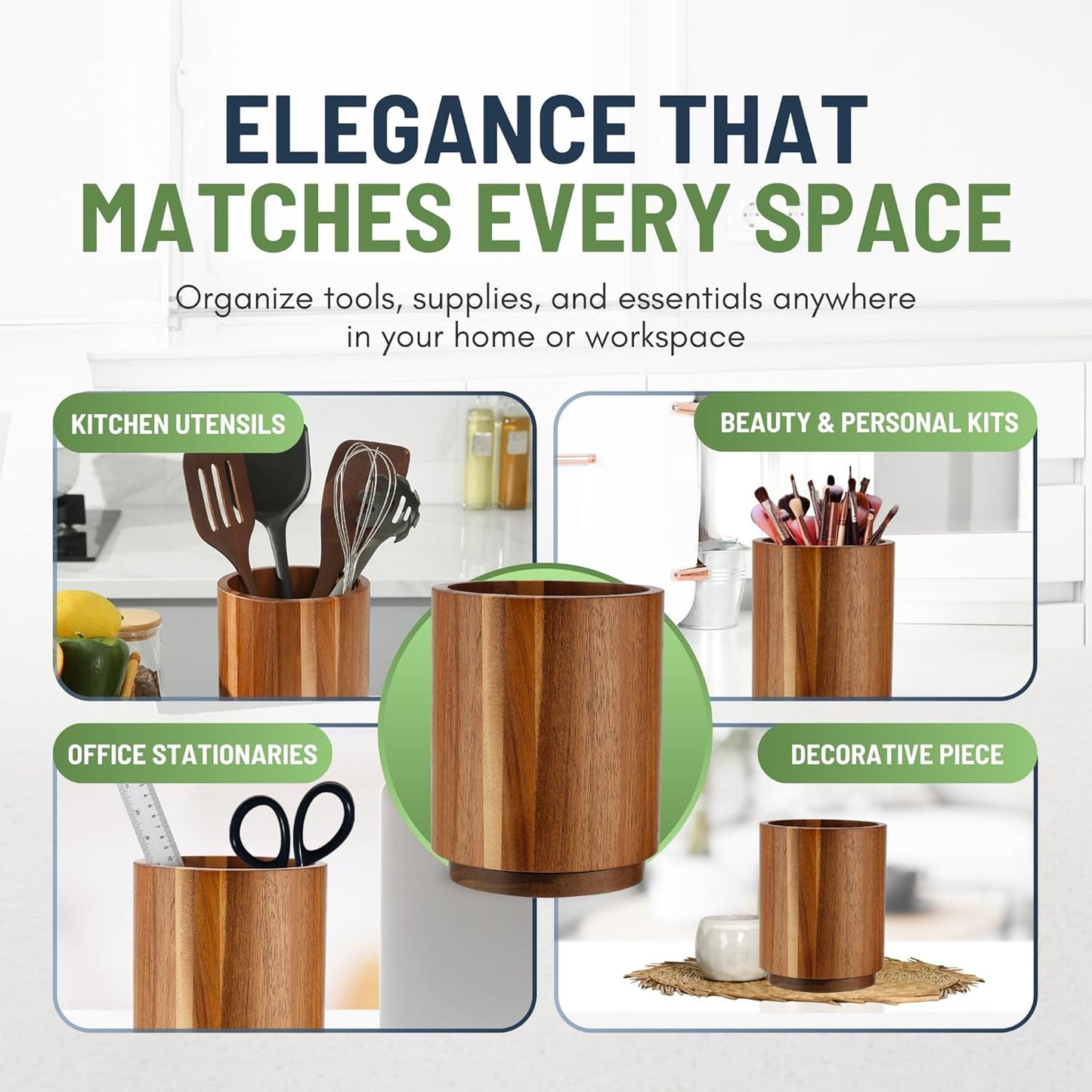 Linda's Essentials Acacia Wooden Utensil Holder - 360° Rotating Non-Slip Design for Kitchen Counter