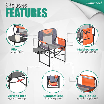 SUNNYFEEL Oversized Camping Directors Chair 2 Pack, Portable Folding Lawn Chairs for Adults Heavy Duty with Side Table,Pocket for Beach, Fishing,Picnic,Concert Outdoor, Foldable Camp Chairs