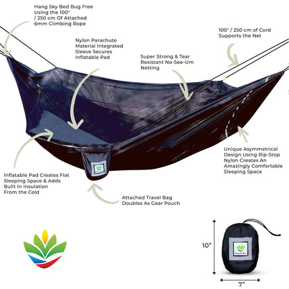 Hammock Bliss Sky Bed Bug Free - Insect Free Hanging Tent That Hangs Like A Hammock But Sleeps Like A Bed - Unique Asymmetrical Design Creates An Amazing Lay Flat Camping Hammock Sleeping Experience