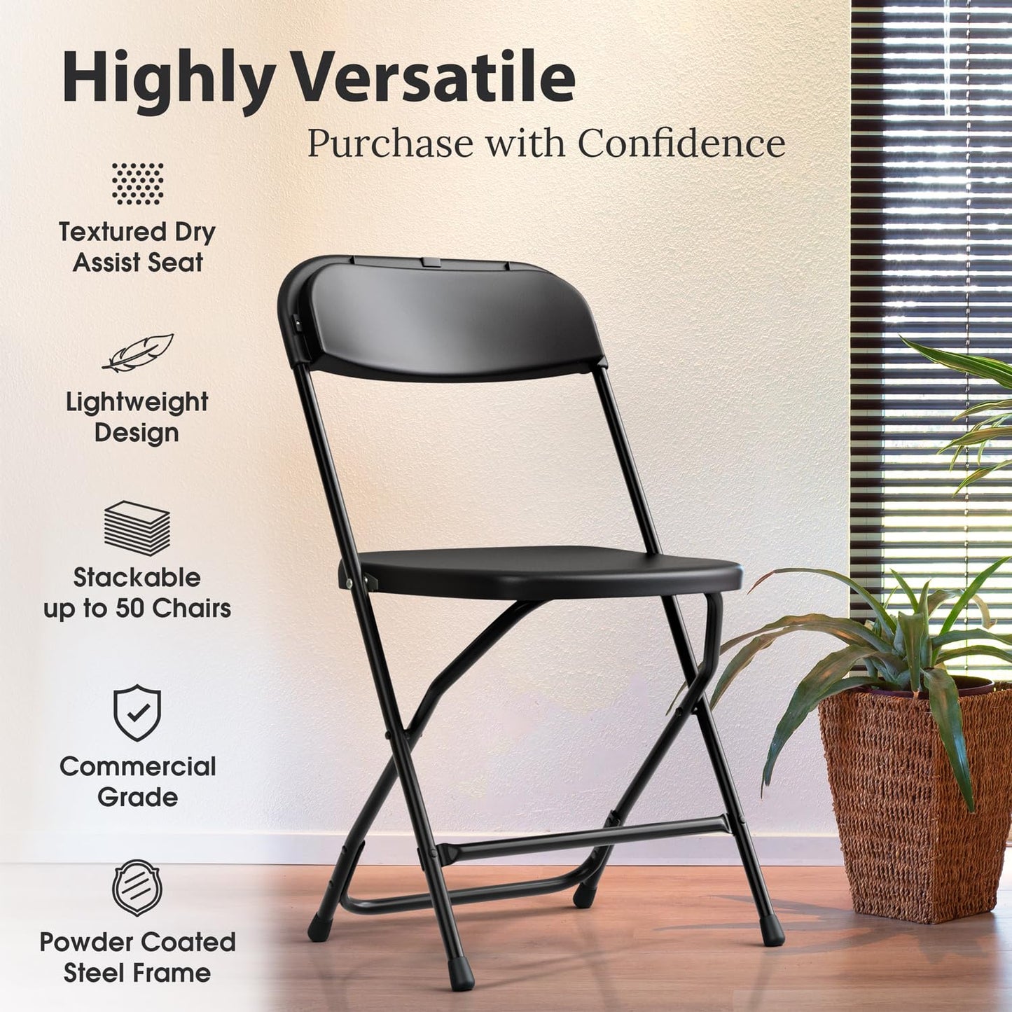 Our Modern Space 10 Pack Foldable Plastic Chair | Folding & Stackable | 350 lbs Capacity Steel Frame Seats for Indoor Outdoor | Commercial Use Events Wedding Party Bulk Picnic Kitchen Dining - Black