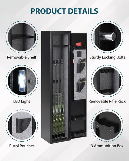 4 Gun Safe for Rifles and Pistols, Heavy Duty Steel Gun Cabinet, Large Digital Gun Locker with Adjustable Gun Racks & Removable Shelf, Anti-Theft Home Firearm Storage Safe