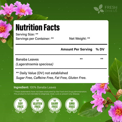 FreshDrinkUS, Premium 50+ Banaba Dried Leaves, 100% Natural & Pure from Whole Banaba Leaves, Banaba Leaf Tea, No Additives, No Caffeine, Vegan