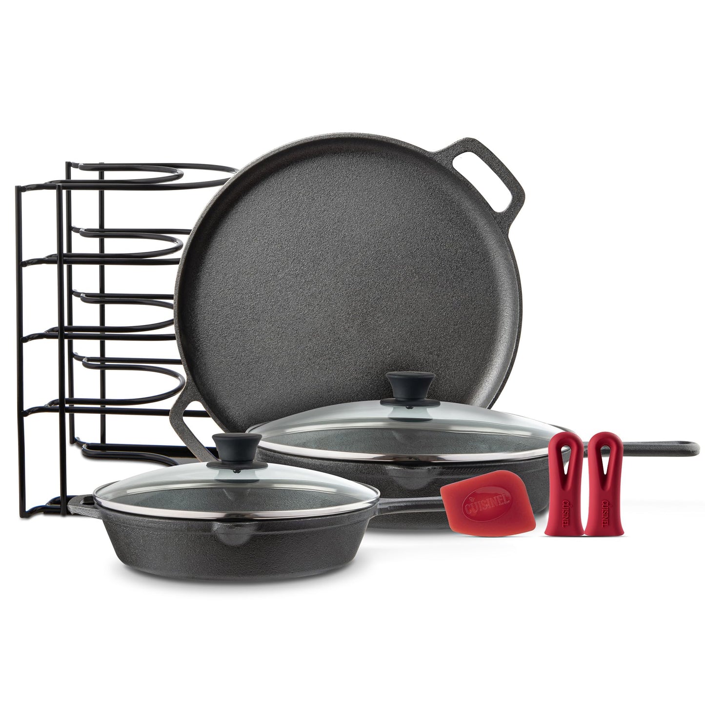 Cuisinel Cast Iron Cookware Set + Accessories - Skillets with Glass Lids + Pizza Pan + Pan Organizer Rack + Cleaning Scrub Brush