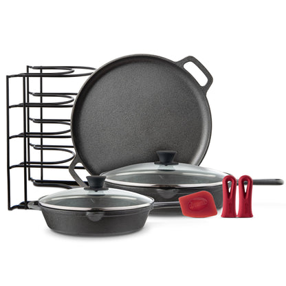 Cuisinel Cast Iron Cookware Set + Accessories - Skillets with Glass Lids + Pizza Pan + Pan Organizer Rack + Cleaning Scrub Brush