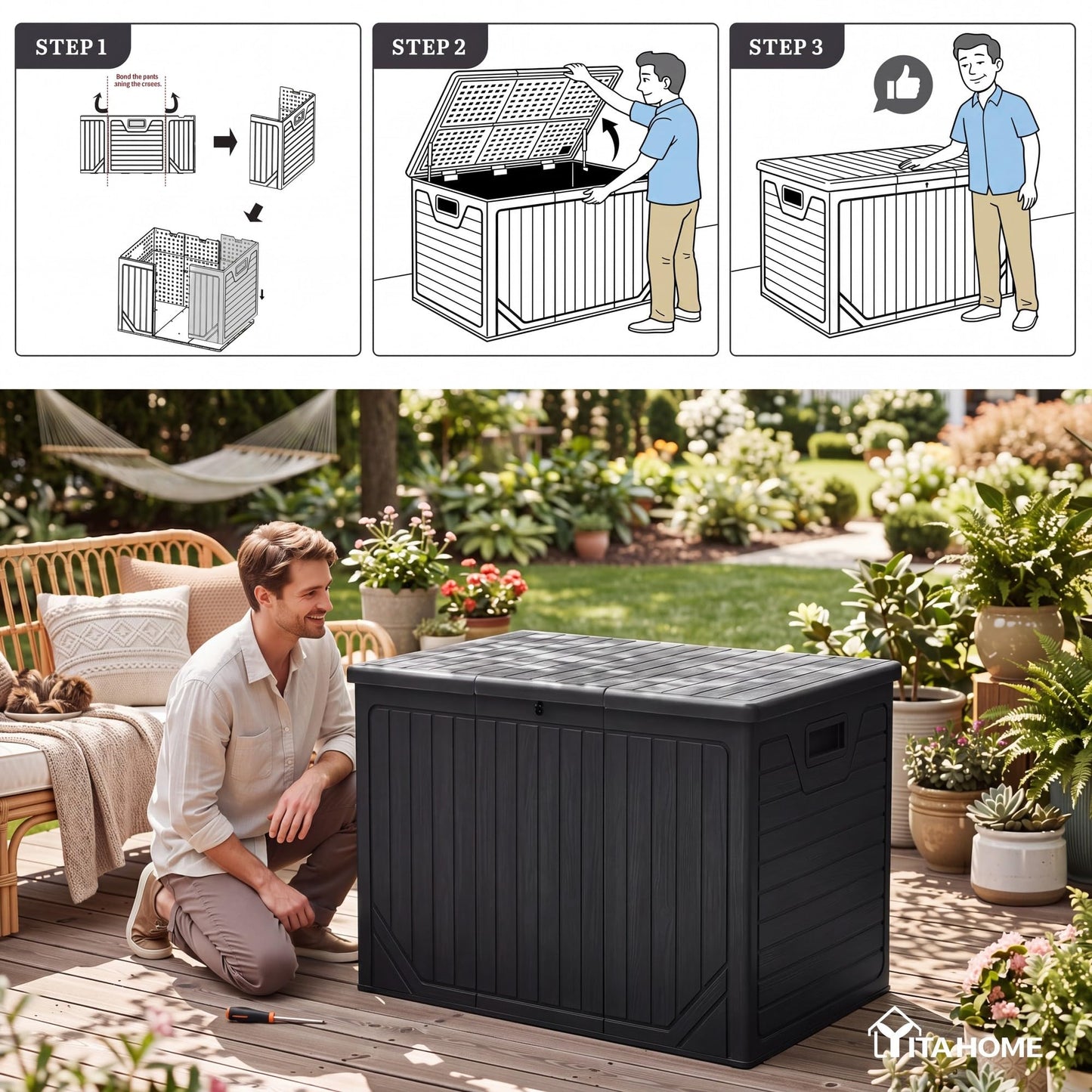 YITAHOME 230 Gallon Extra Large Outdoor Storage Box, Waterproof Double-Wall Deck Box with Hydraulic Piston for Garden Tools, Pool Accessories & Cushions, Resin Deck Organizer with Bench Seat(Black)