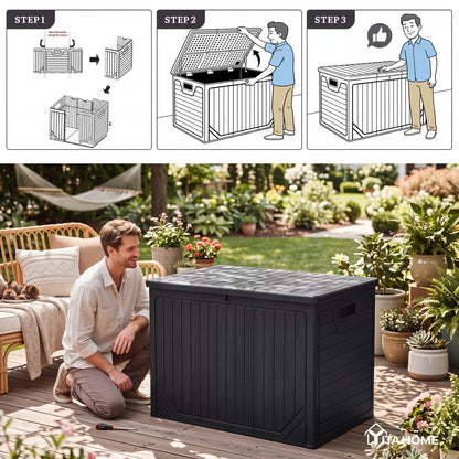 YITAHOME 230 Gallon Extra Large Outdoor Storage Box, Waterproof Double-Wall Deck Box with Hydraulic Piston for Garden Tools, Pool Accessories & Cushions, Resin Deck Organizer with Bench Seat(Black)