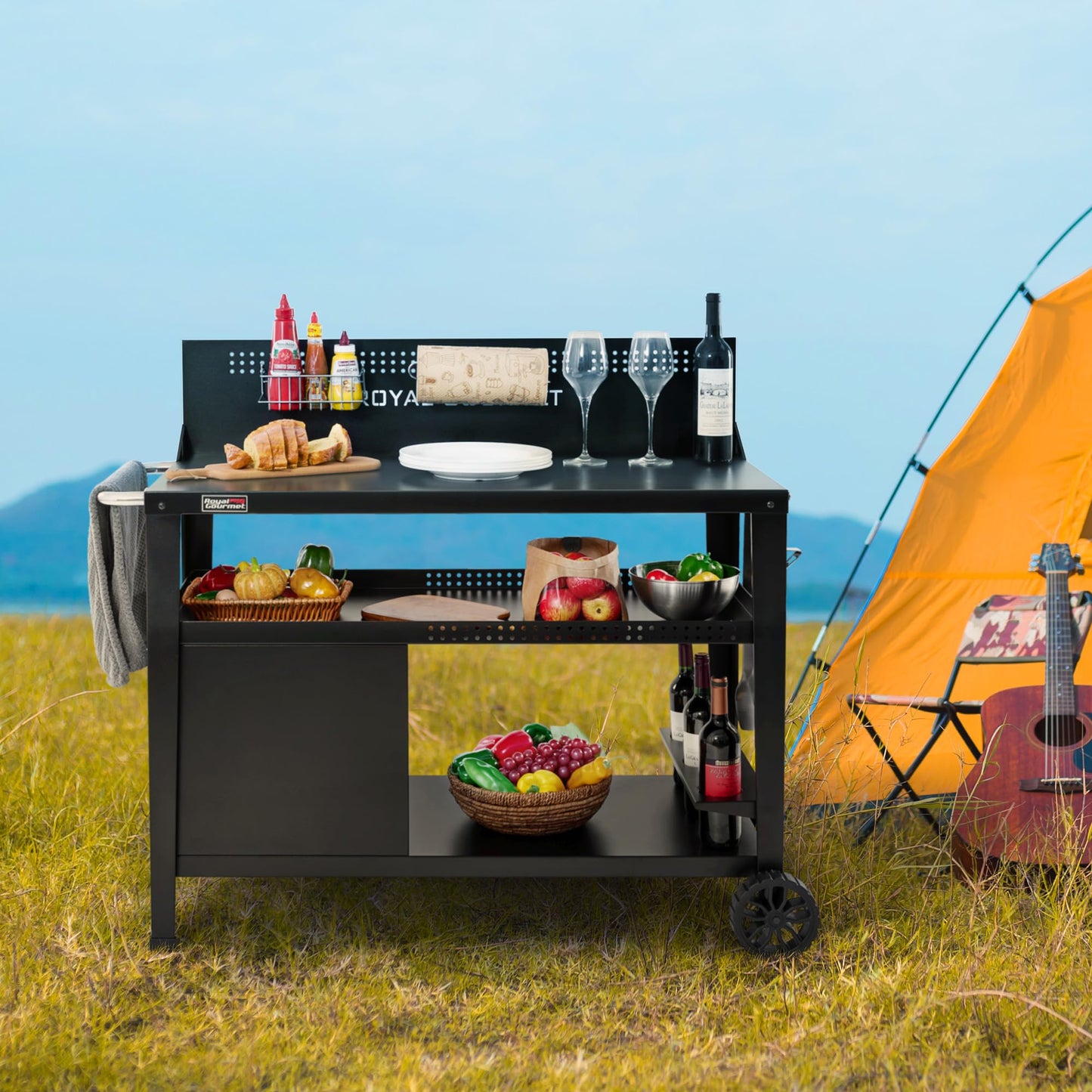 Royal Gourmet PC4401B 3-Tier Dining Cart with Wind Guard, Sturdy Structure and Ample Storage Shelves, for Indoor & Outdoor use，with Bottle Opener, Hooks, Wine Rack, Multifunctional Side Handle, Black
