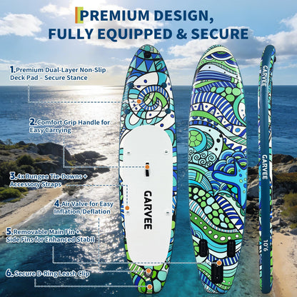 Inflatable Stand Up Paddle Board with Accessories 10'6", Fun-Ready Paddle Boards for Adults with Paddle, Fast Electric Pump, Hand Pump, Seat, CameraMount, Waterproof Phone Case, Fins, Leash, Carry Bag