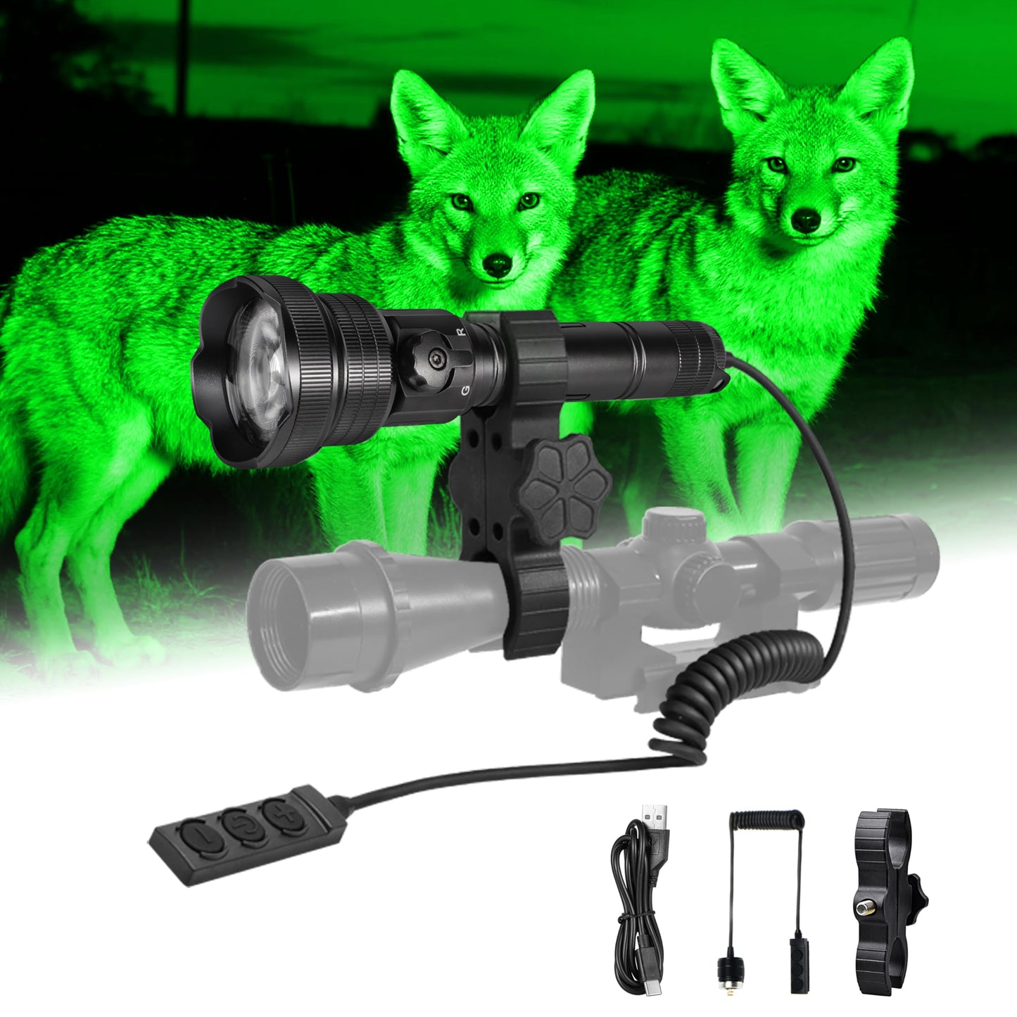 Brinyte T28 LED Zoomable Hunting Light, 3 Color in 1(Red, Green, White) Rechargeable Predator Flashlight with Pressure Switch Mount, IP66 Waterproof Coyote Light for Hogs Coon Varmint Hunting
