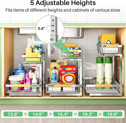 Skiennix Under Sink Organizer - Stainless Steel 2-Tier Storage Rack | Pull-Out Cabinet Shelf for Kitchen & Bathroom