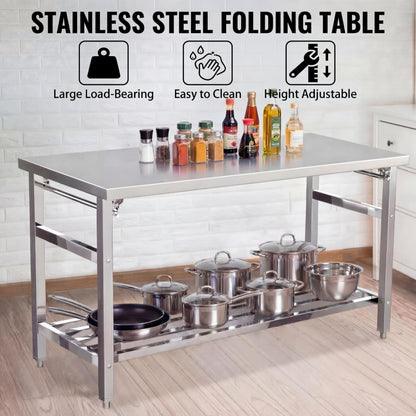 Garvee 48" x 24" Stainless Steel Folding Prep Table, Heavy Duty Commercial Work Table with Adjustable Undershelf for Restaurant, Kitchen, Food Service, Space-Saving, No Installation Required