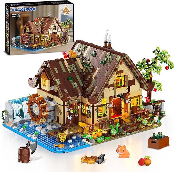 Wood Cabin Mini Building Set with Lights Forest House Building Block Kit with Animals Stream Waterwheel 2570 PCS Treehouse Construction Model Toy Collection for Adults Teens Boys Girls 12+