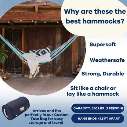 Handwoven Hanging Chair by Yellow Leaf Hammocks - Fits 1 Person, 330lb Max - Kick Back for Full-Body Recline - Weathersafe, Ultra Soft, Hang Anywhere - Color: Turquoise - Black -White