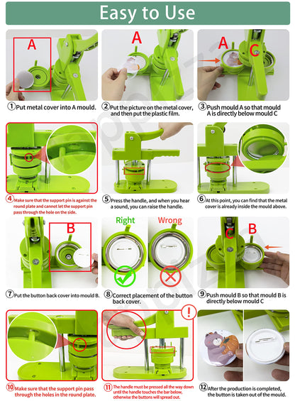 Happizza Button Maker Machine Multiple-Sizes - Pin Maker Machine 1.25 inch+2.25 inch, Interchangeable Button-models Badge Button Press Machine with 200 Sets 32+58mm Button Maker Supplies&Circle Cutter