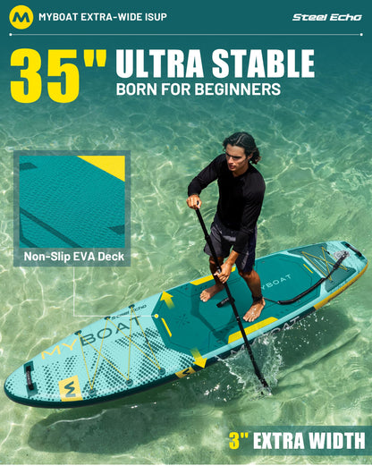 MYBOAT 11'6" Extra Wide Inflatable Paddle Board, 450LB Max Capacity Stable SUP for 2-3 People, Non-Slip Stand Up Board for Beginners & Fishing, Versatile 15 D-Rings, Dual Bungee, 3-Fin Stability