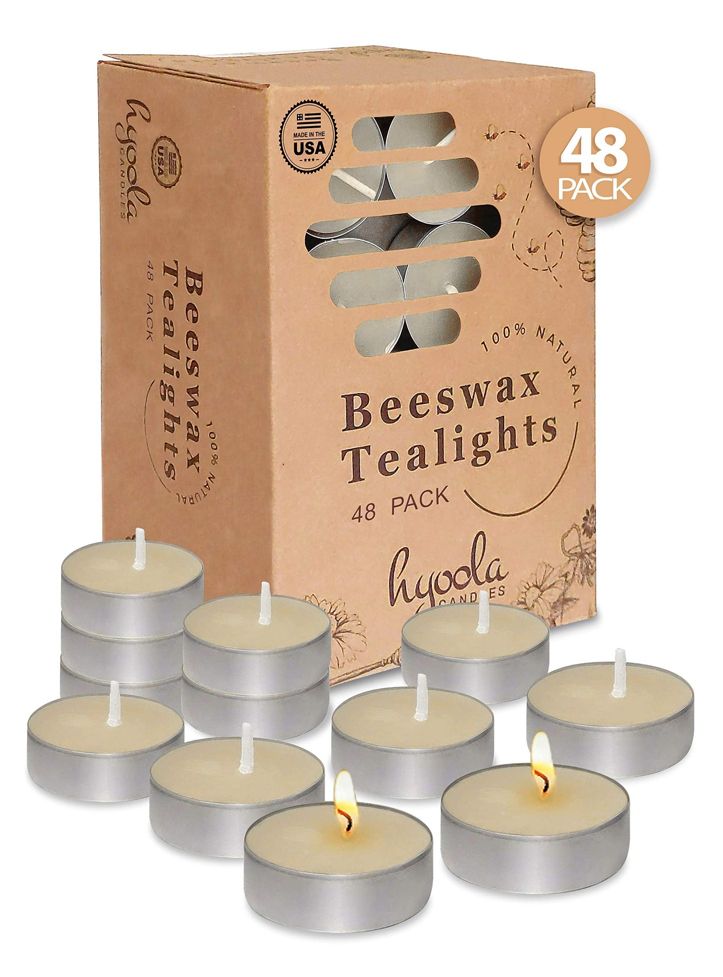 HYOOLA White Beeswax Tealight Candles in Aluminum Cup - 48 Pack - 100% Pure Natural Beeswax Candles
