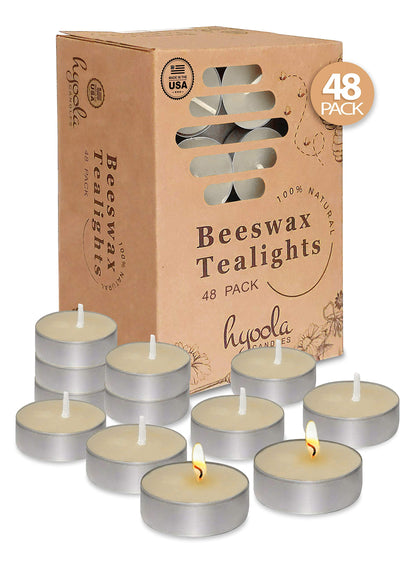 HYOOLA White Beeswax Tealight Candles in Aluminum Cup - 48 Pack - 100% Pure Natural Beeswax Candles