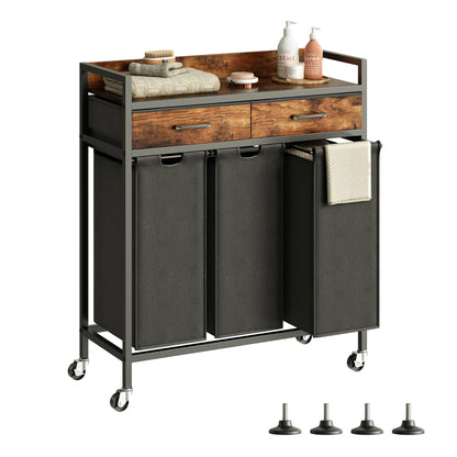Herture Laundry Sorter 3 Section Laundry Hamper with Shelf, Durable 3 Section Laundry Basket with Rolling Wheels & Storage Drawers, 3 x 13.26 Gallons (50L), Rustic Brown PF09XLY