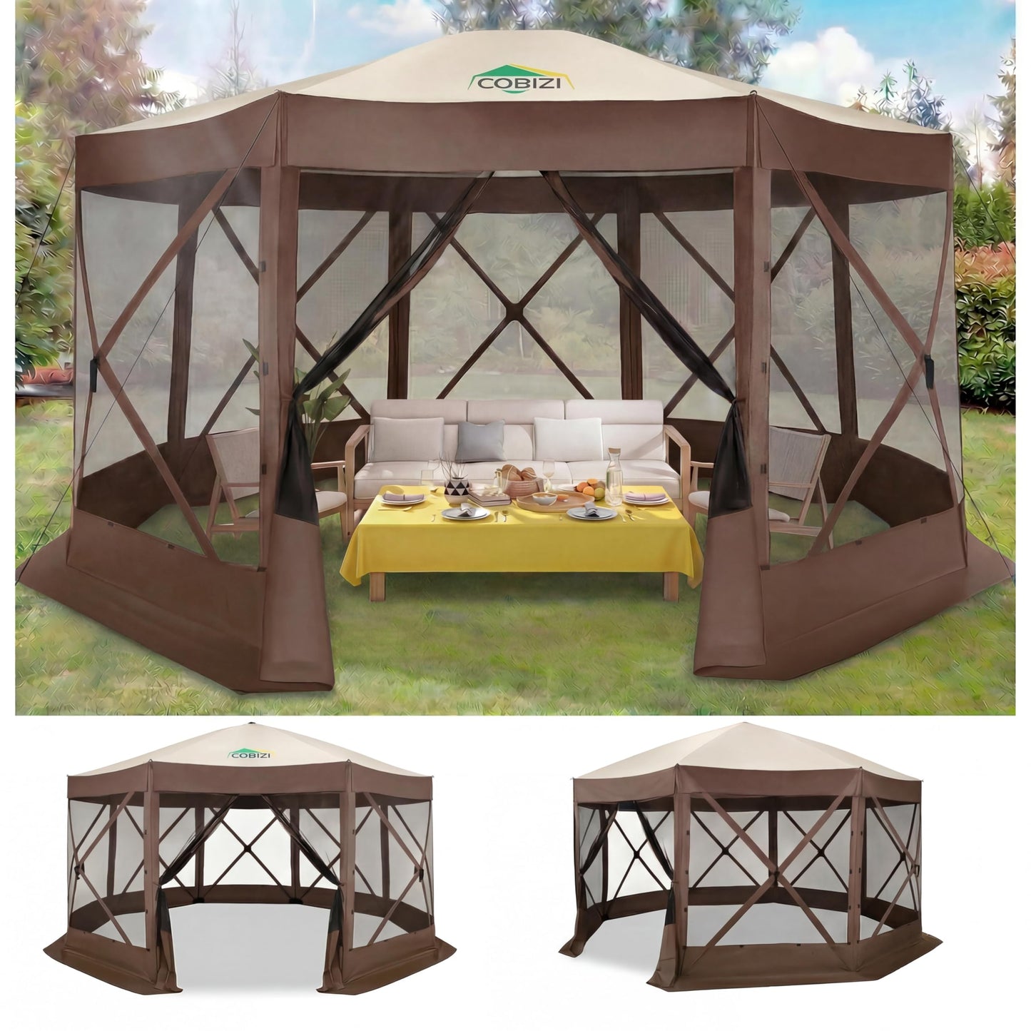 COBIZI Pop Up Gazebo Screen Tent Screen House for Camping, 15x15 Screen Room with Mosquito Netting, Hub Tent Instant Screened Canopy with Carrying Bag and Ground Stakes, Brown