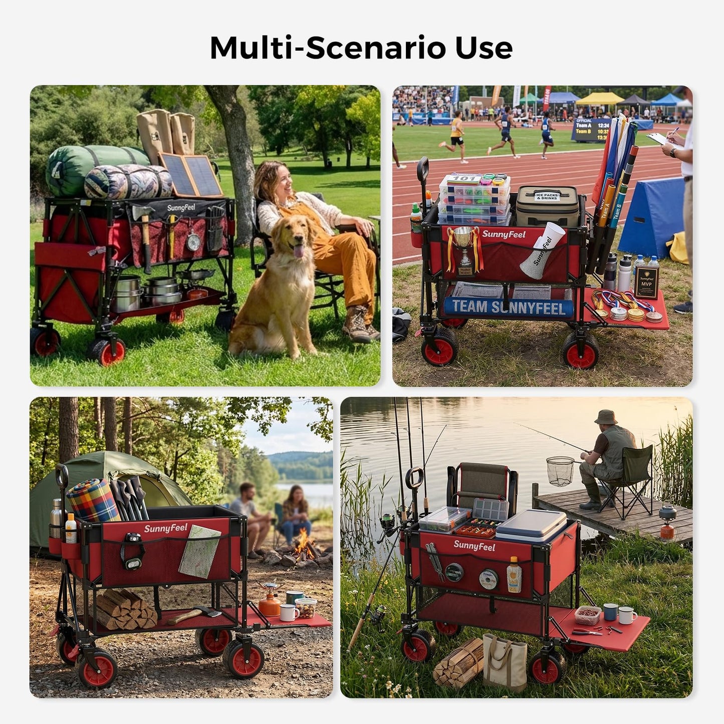 SUNNYFEEL Double Decker Folding Wagon Cart - 500lbs Heavy Duty Collapsible Utility Wagon with All Terrain Big Wheels & Drop Down Tailgate,400L Large Capacity Wagon for Camping,Garden,Sports