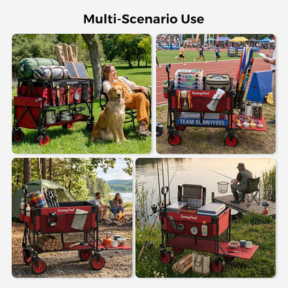 SUNNYFEEL Double Decker Folding Wagon Cart - 500lbs Heavy Duty Collapsible Utility Wagon with All Terrain Big Wheels & Drop Down Tailgate,400L Large Capacity Wagon for Camping,Garden,Sports