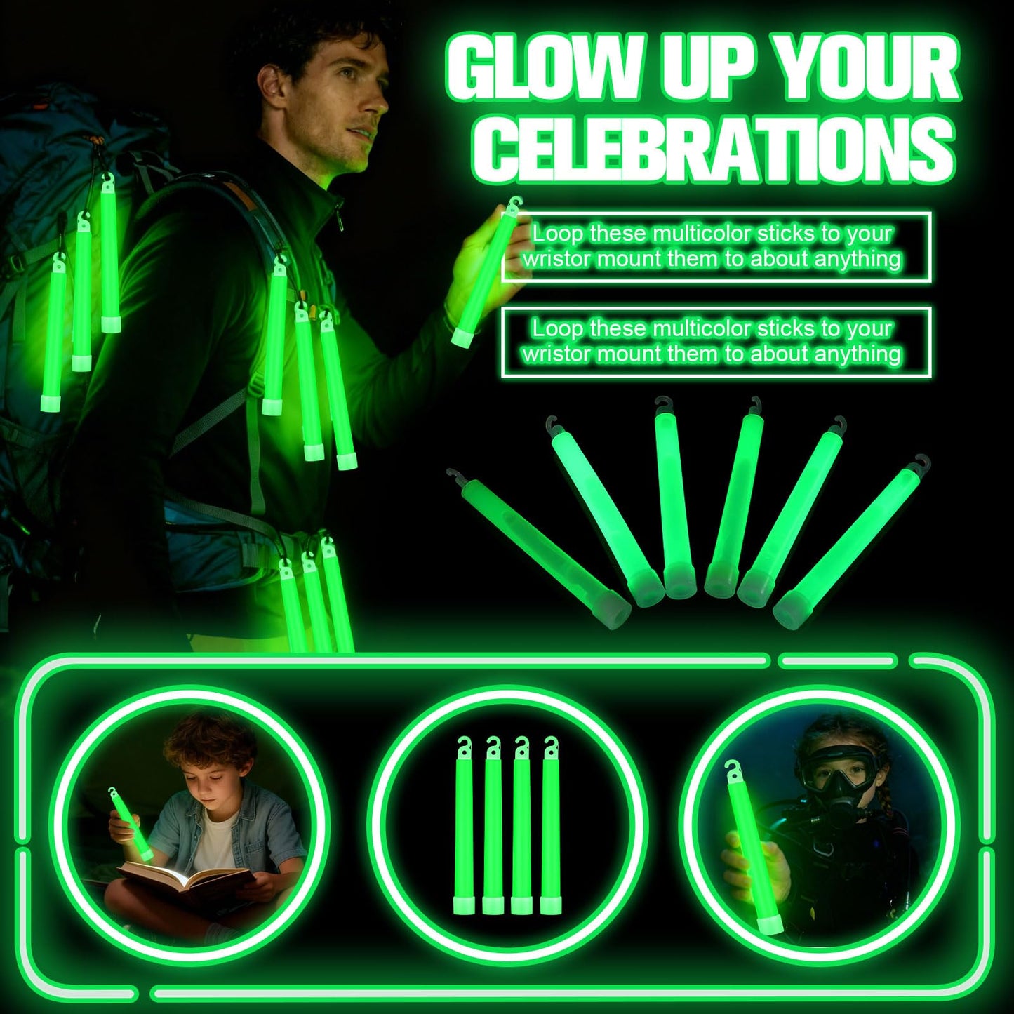 Sotiff 300 Pcs Bright 6 Inch Large Glow Sticks Bulk Emergency Glow in The Dark Sticks with 12 Hour Duration for Camping Hiking Outdoor Parties Activities Survival Storms (Green)