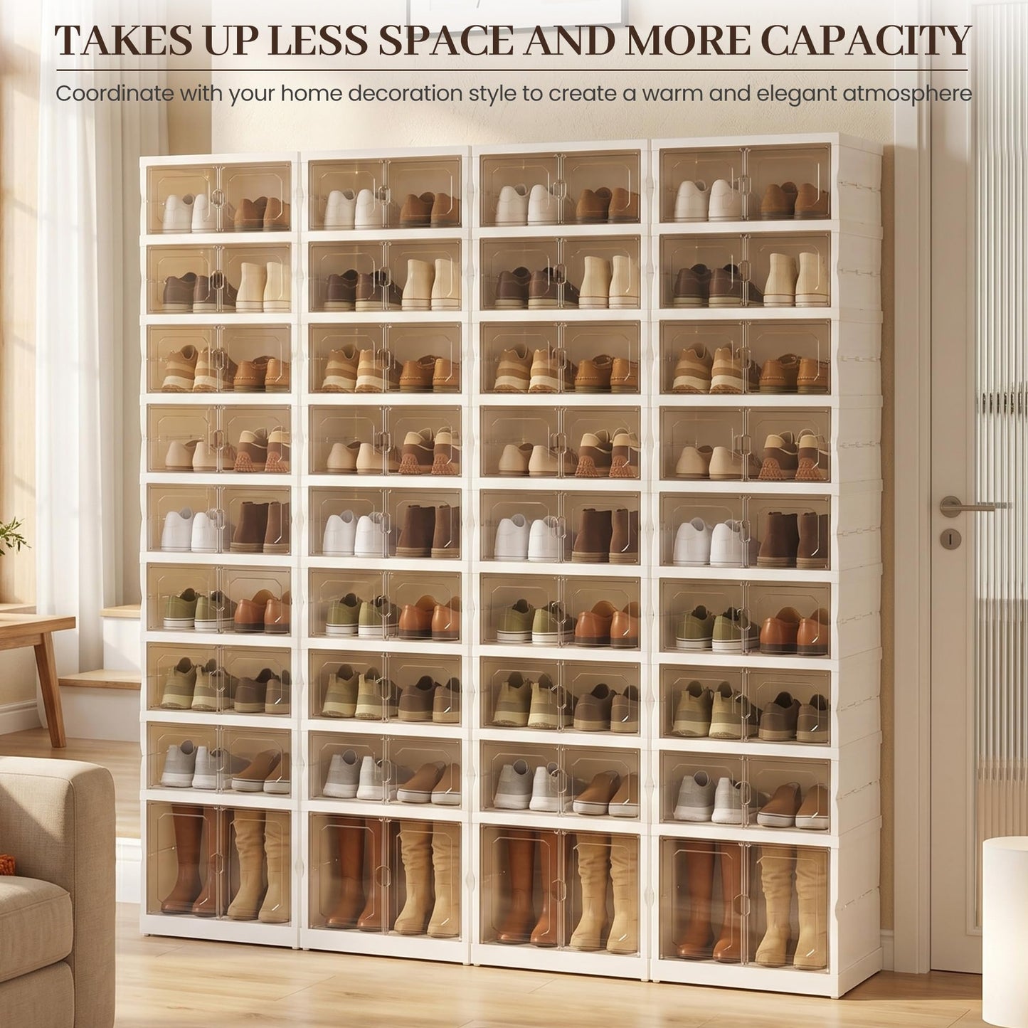 Tykacna Foldable Shoe Rack Organizer with Magnetic Clear Doors, 9 Tier Collapsible Shoe Storage Cabinet, Large Plastic Portable Shoe Box with Wheels for Closet, Entryway, Bedroom, Fits 18 Pairs