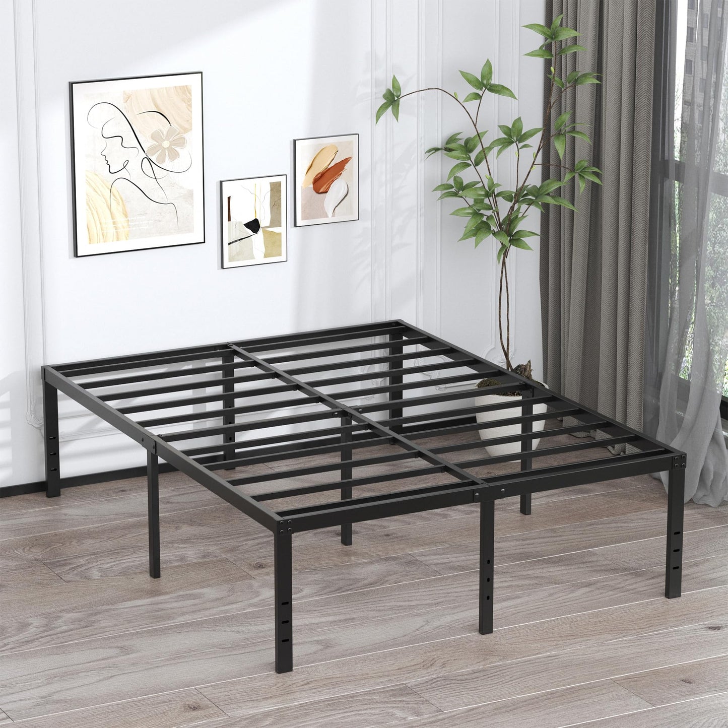 EMODA 20 Inch Queen Bed Frame No Box Spring Needed Heavy Duty Metal Tall Platform Bed Frame Queen Size with Large Storage Space, Easy Assembly, Black