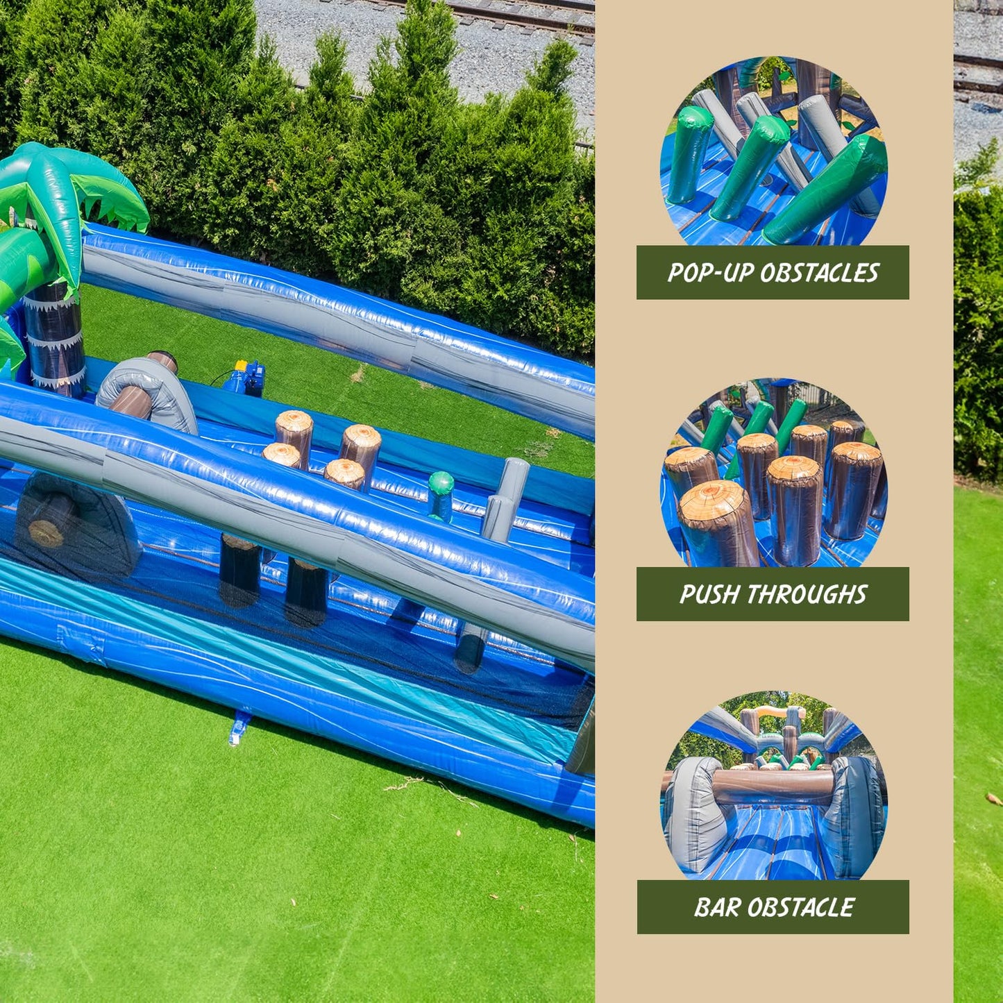 XJUMP 9’x 45’ x 13’ Tropical Long Inflatable Obstacle Course with Dual Lane Water Slide, Heavy Duty 15 PVC Vinyl, Wet/Dry Fun for Kids and Adults, with Large Mesh Windows for Easy Supervision