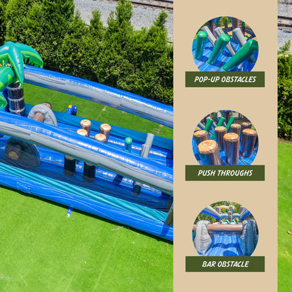 XJUMP 9’x 45’ x 13’ Tropical Long Inflatable Obstacle Course with Dual Lane Water Slide, Heavy Duty 15 PVC Vinyl, Wet/Dry Fun for Kids and Adults, with Large Mesh Windows for Easy Supervision