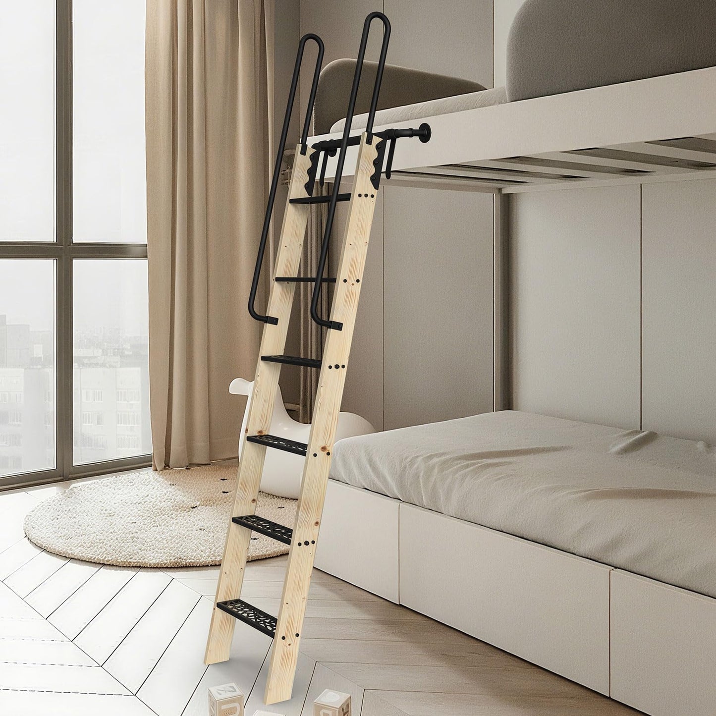 LKCBITION 72inch Knotty Pine Wood Library Ladder with Black Metal Step and Handle, Includes 24inch Rustic Black Wall Mount Pipe Railing with Hooks(Suitable Installation Height 70-5/8")