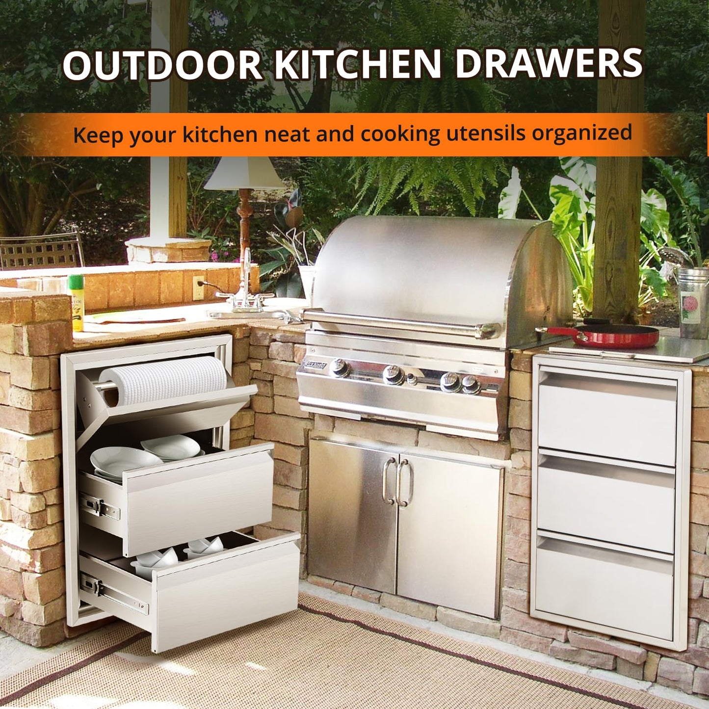 Outdoor Kitchen Access Drawers with Paper Towel Holder,16" W x 21" H x 23"D Stainless Steel Flush Mount BBQ Drawers with Grooved Handle,for Outdoor Kitchen Island or Patio Grill Station,3-Layer