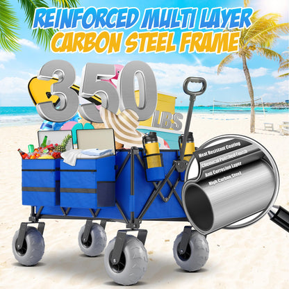 Beach Wagon with Big Wheels for Sand, 350lbs Heavy Duty Folding Wagon, Oversized 180L, 9" PVC All-Terrain Wheels, Adjustable Handle, Cooler & Storage Bags for Beach, Camping & Outdoor Sports (Blue)