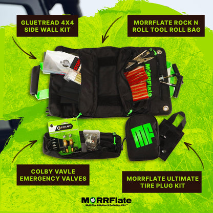 MORRFlate Xtreme 4×4 Tire Repair Kit Complete Off-Road Tire Repair Includes Tool Roll Bag, Tire Plug Kit, GlueTread Sidewall Tire Repair Kit, and Two Colby Valve Permanent Valve Stem Replacements