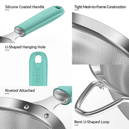 U-Taste Medium Fine Mesh Strainer: 18/8 Stainless Steel 4.73in 30 Mesh Kitchen Food Sieve with Sturdy Riveted Silicone Handle, Heavy Duty Deep Handheld Metal Colander for Rice, Quinoa, Flour(Aqua Sky)
