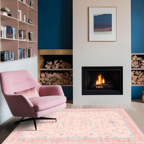 Hazo Haus Nursery Area Rug - Charming Pink Boho Vintage Design | Washable 4x6 Non-Slip Rug for Kids Rooms