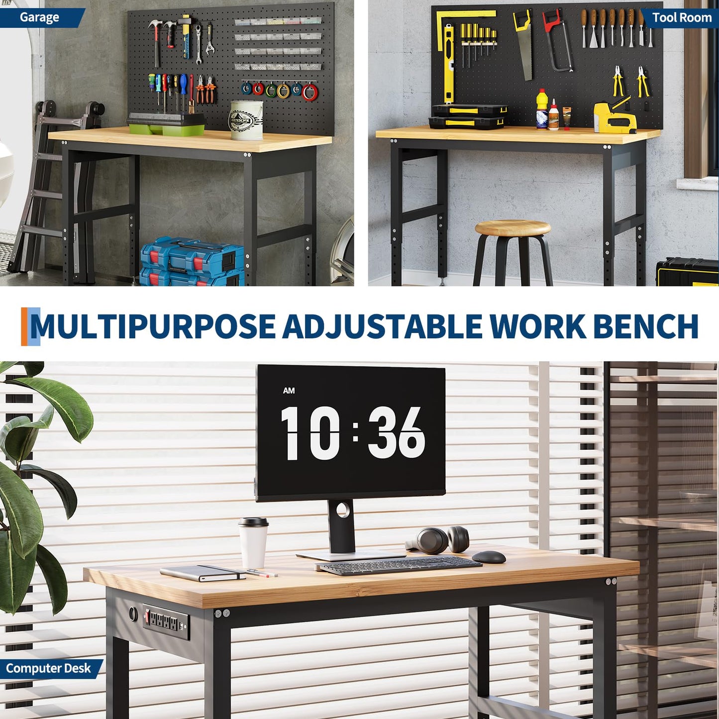 60" Adjustable Height Garage Workbench, 2200 LBS Capacity Solid Wood Work Bench Table, Heavy Duty Work Station for Garage, Shop, Home, Office