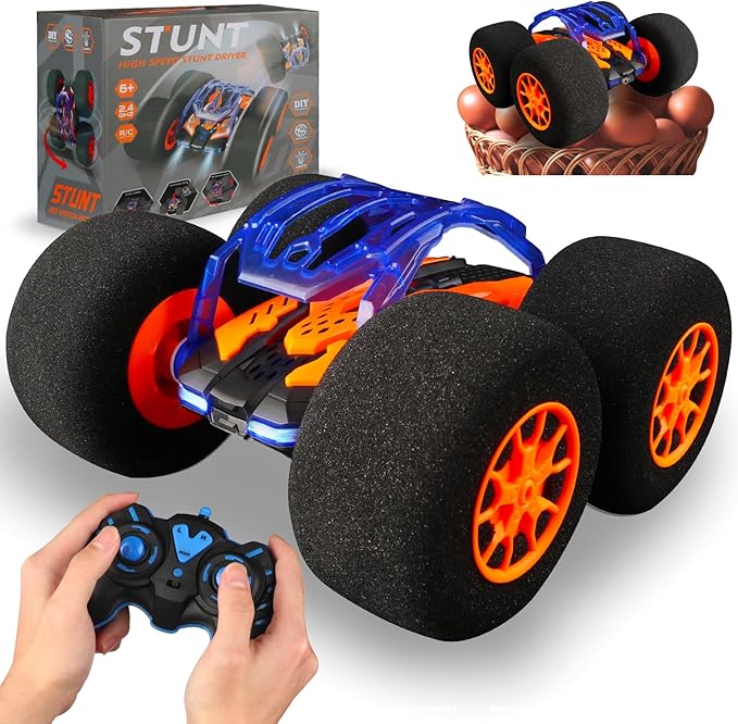 Indoor RC Car Stunt Remote Control Car Toys with Soft Wheels RC Cars for Kids Indoor Outdoor with LED headlight &amp Crazy Stunts 360° Flips Double Sided Vehicle 2.4GHz Remote Control for Boys Girls